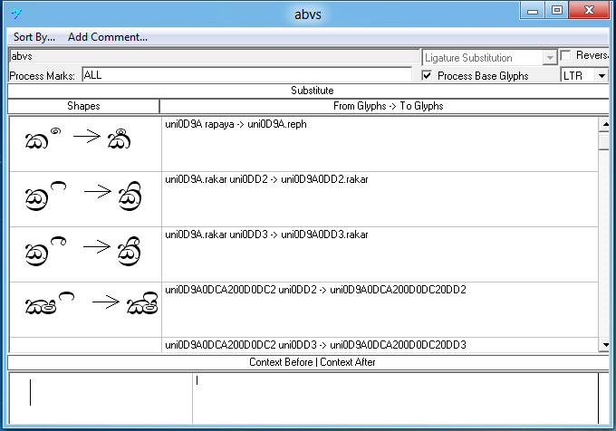 Screenshot that shows the 'a b v s' feature is used to substitute ligatures involving a base glyph and an above mark.