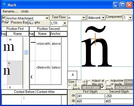 Screenshot that shows the 'mark' feature positions mark glyphs in relation to a base glyph, or a ligature glyph.