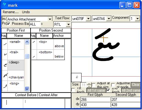 Screenshot of a dialog in Microsoft VOLT for specifying positioning adjustments. Anchor attachment is selected as the lookup type. A mark glyph is shown positioned above a base glyph using an anchor point.