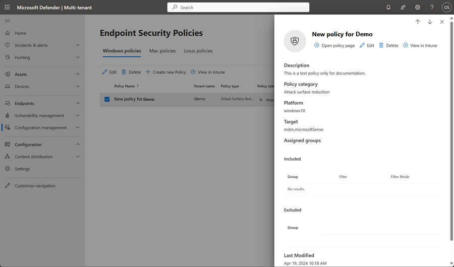 Screenshot of the editing pane for endpoint security policies page in multitenant management in Microsoft Defender XDR.