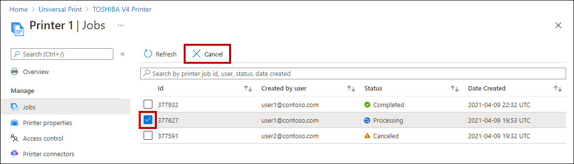 A screenshot of the Universal Print portal showing how to cancel a print job.