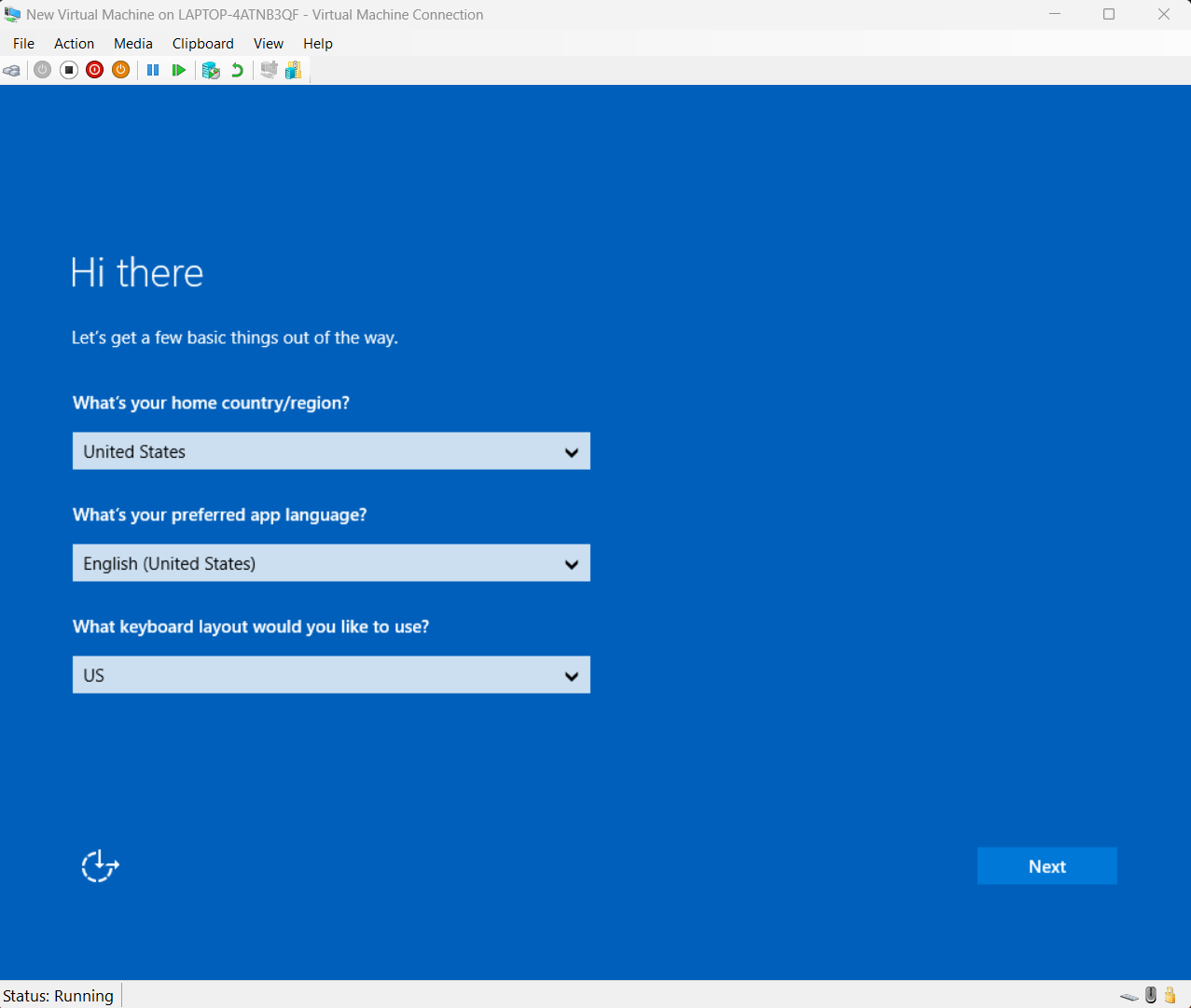 Screenshot of a Virtual Machine Connection window, showing the virtual machine's Windows Setup installation screen.