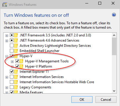 Screenshot of the Control Panel's Turn Windows features on or off pane with a focus on the Hyper V Management Tools and Hyper V Platform folders.