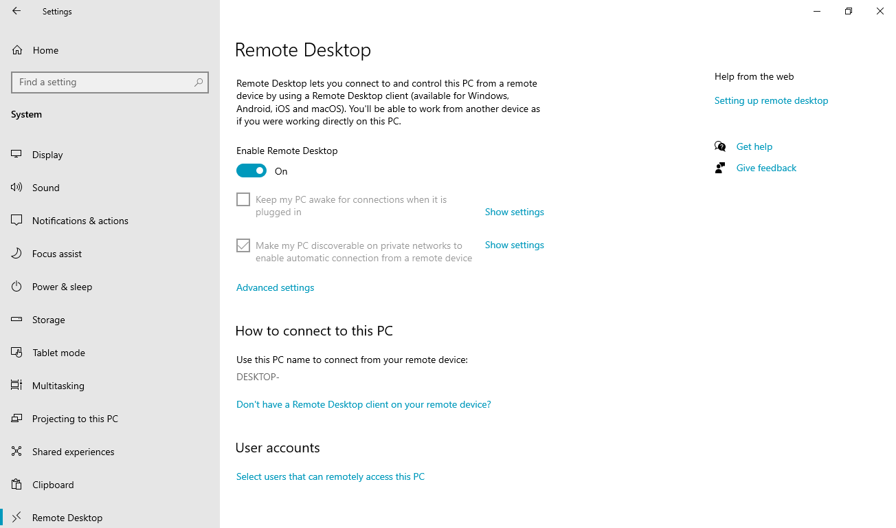 Enable Remote Desktop