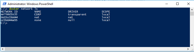 Illustrates the Docker network ls PowerShell command