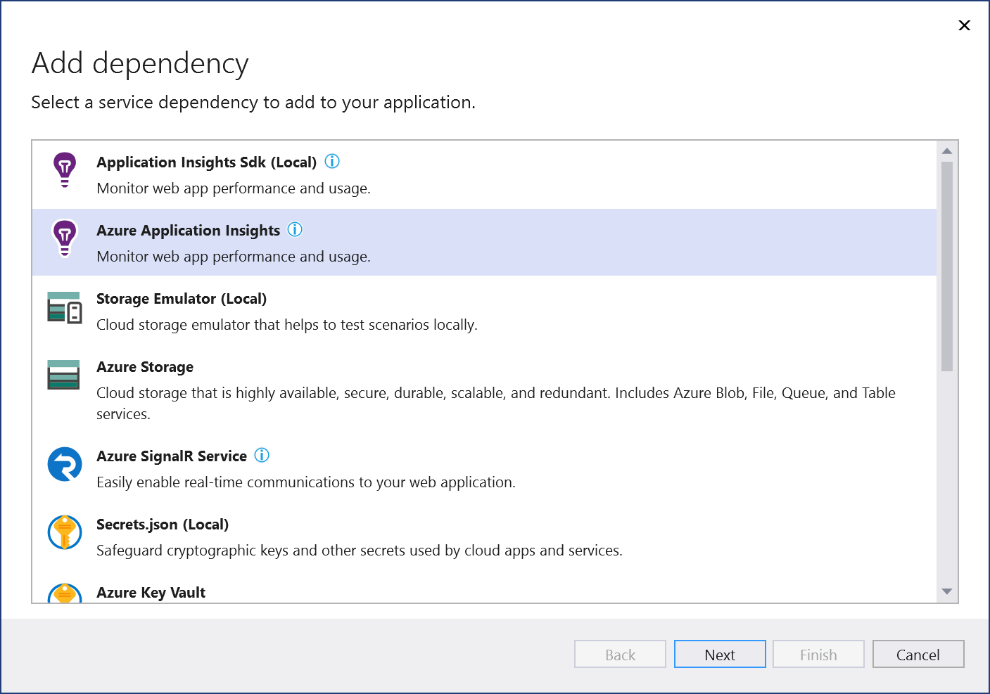 Screenshot showing "Add Azure Application Insights" screen.