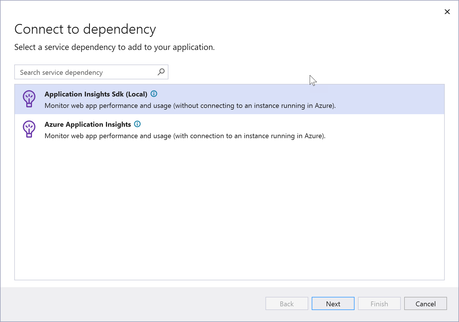 Screenshot showing Application Insights choices.