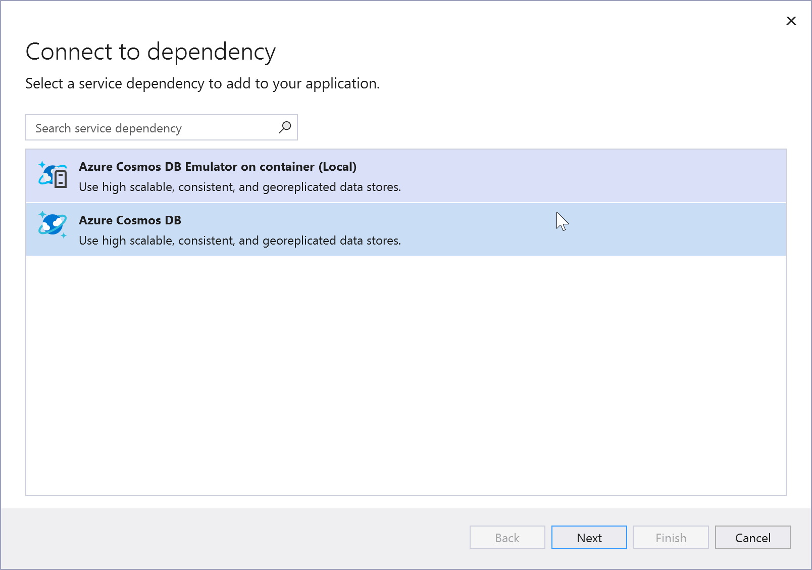 Screenshot showing Azure Cosmos DB choices.