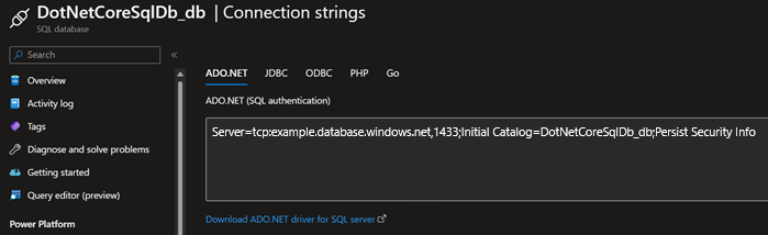 A screenshot showing how to retrieve the connection string.