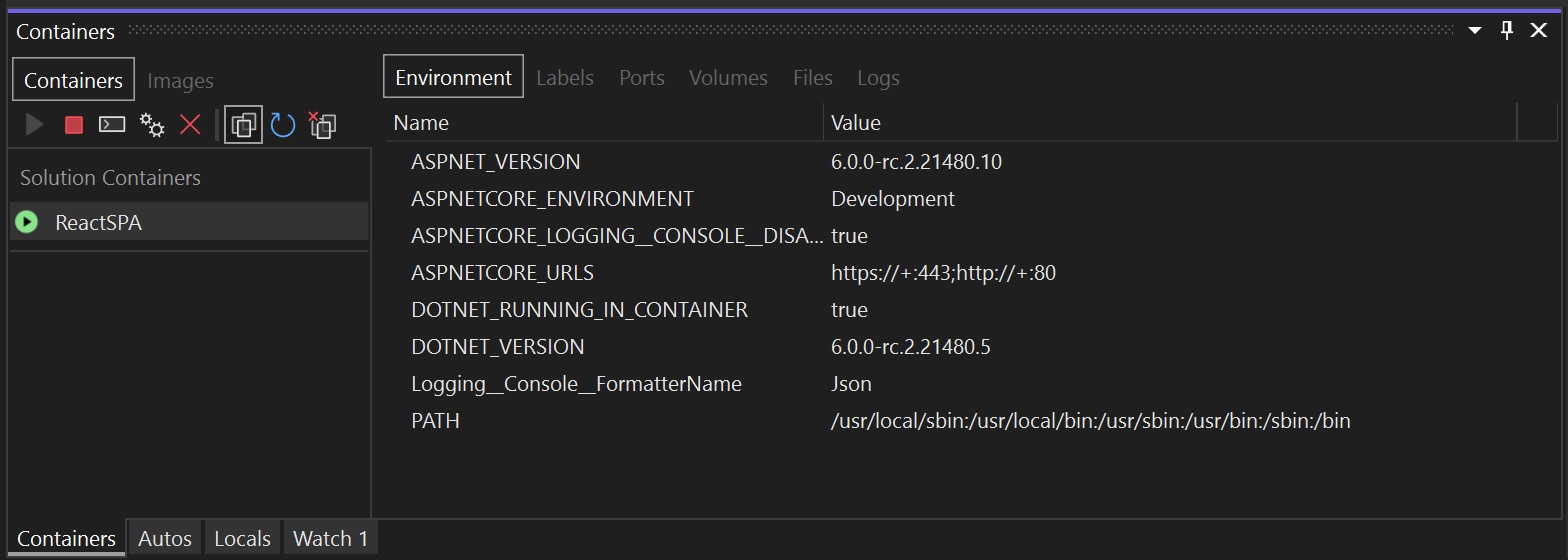 Screenshot of Containers window.