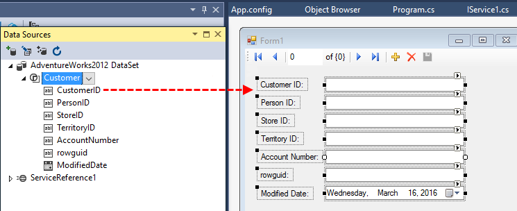 Screenshot that shows how to drag a dataset onto a Windows form in Visual Studio 2019 and earlier.