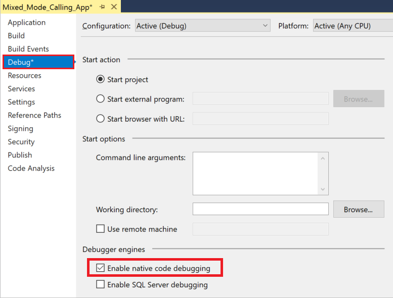 Screenshot that shows how to enable mixed mode debugging for a C# or Visual Basic project in Visual Studio 2019.