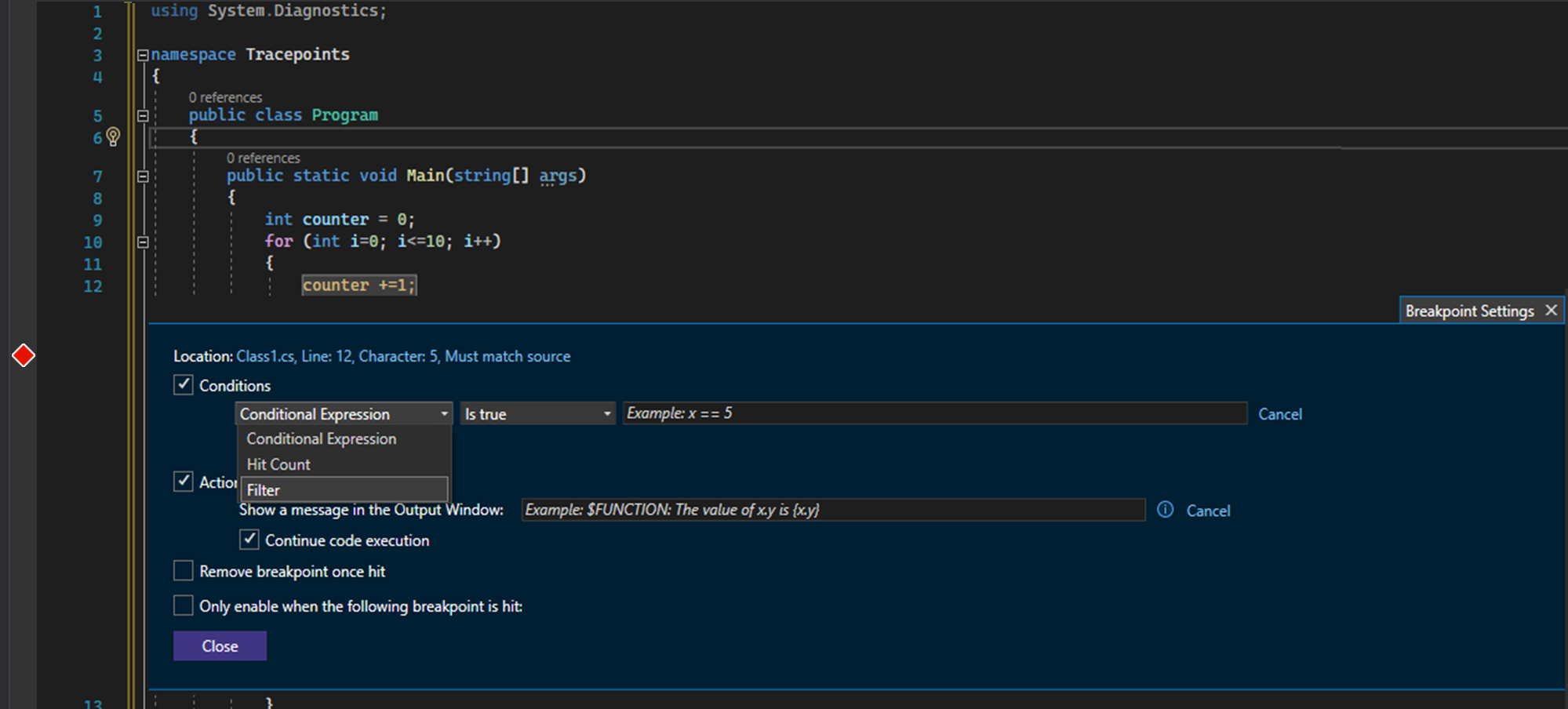 Screenshot of breakpoint window with Conditions Box checked.