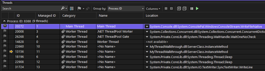 Screenshot of the Threads Window.