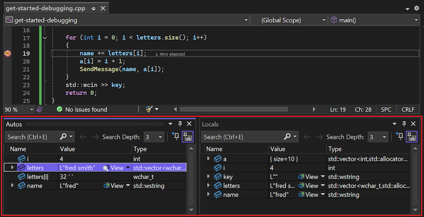 Screenshot that shows the Autos and Locals windows below the code editor in the debugger during a debugging session.