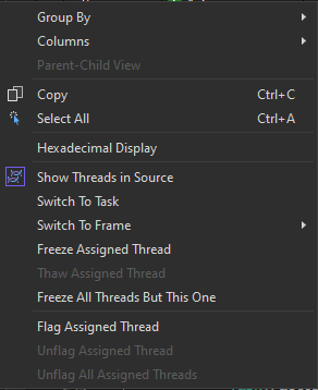 Shortcut thread menu in Tasks window