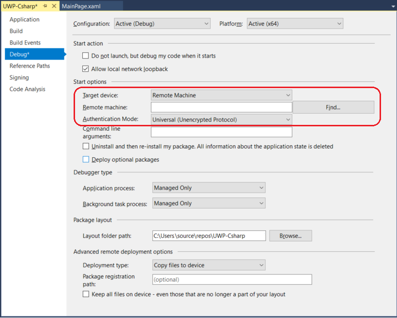 Managed project properties for remote debugging