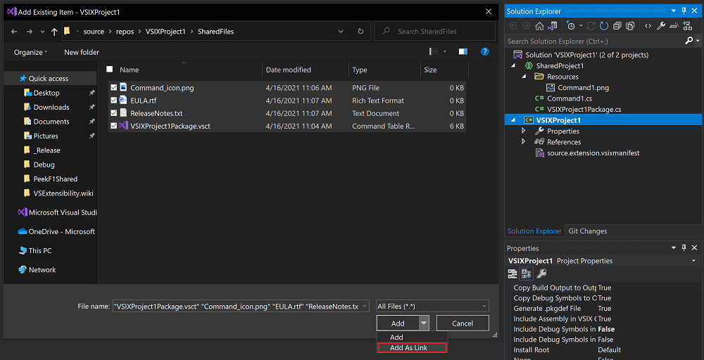 Screenshot that shows selections for adding metadata and V S C T files as linked files.