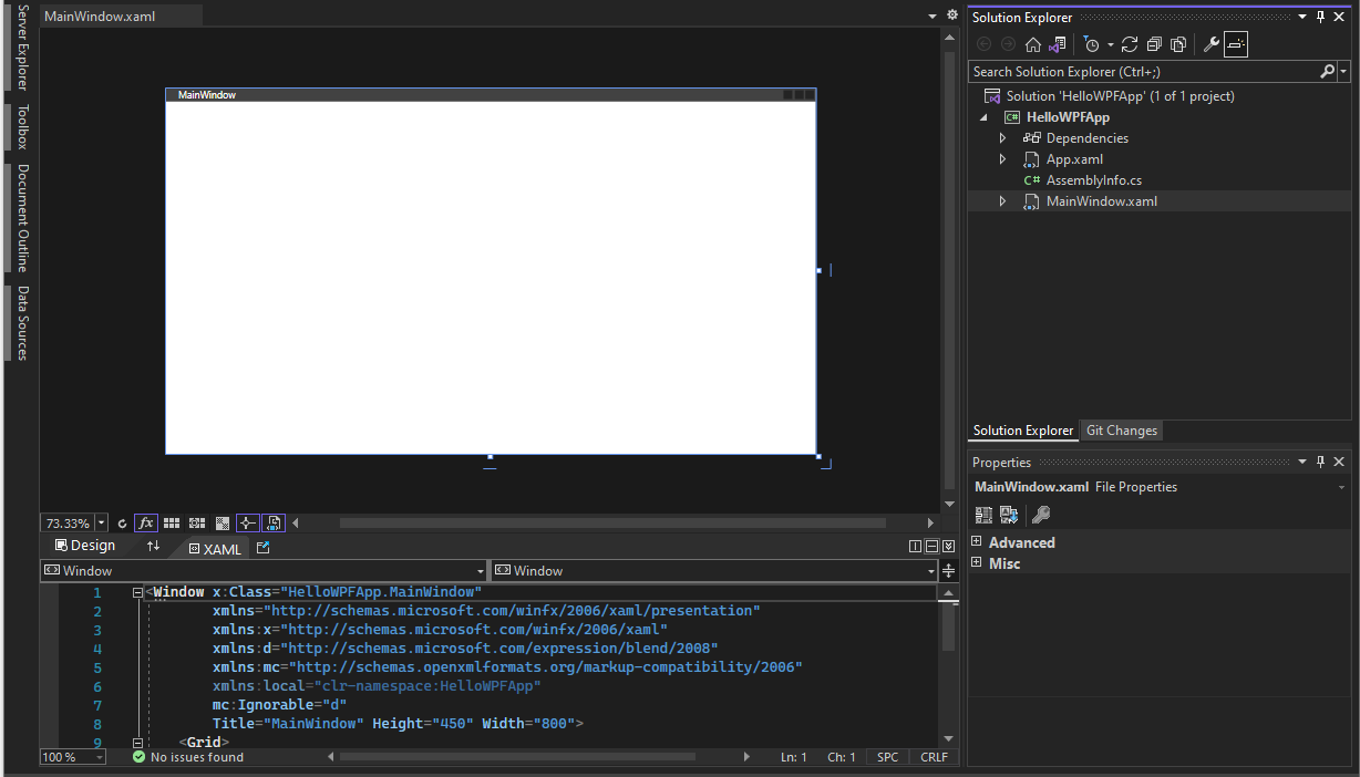 Screenshot of the HelloWPFApp project and solution in Solution Explorer, and the XAML and designer views of 'MainWindow.xaml' open in the WPF Designer.