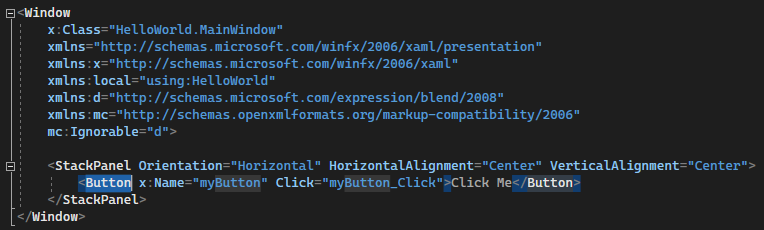 Screenshot showing 'Button' highlighted in the XAML editor.