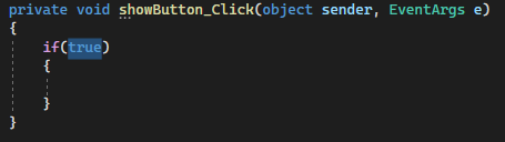 Screenshot shows the event handler for the show button with the value true selected.