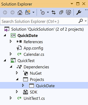 Screenshot of Solution Explorer showing a project reference in Visual Studio 2019.