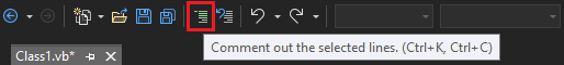 Screenshot of the toolbar. The button for commenting out code is highlighted in red.