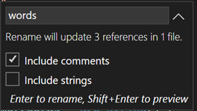 Screenshot of the Rename window. The 'Include comments' checkbox is selected.