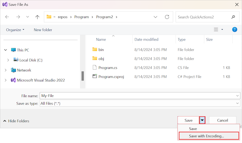 Screenshot that shows how to select the option to save a file with encoding in Visual Studio.