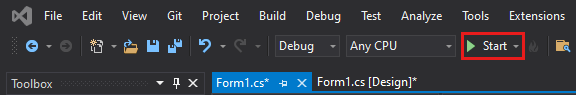 Screenshot shows the Start button to debug and run the app.