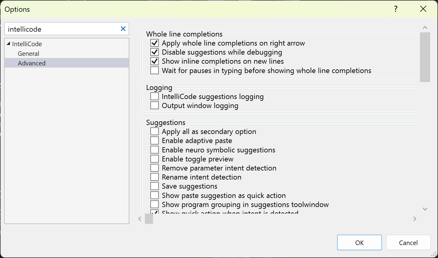 Screenshot of setting for turning IntelliCode whole Line autocompletions on or off.