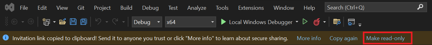 Screenshot that shows the 'Make read-only' option in the invitation link banner.