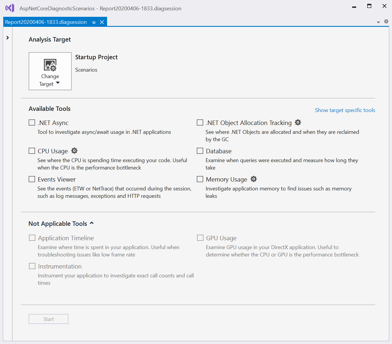 Screenshot of diagnostic tools.