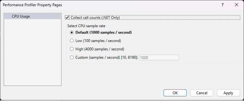 Screenshot that shows settings for CPU Usage.