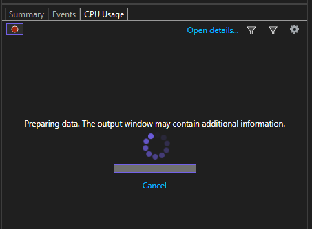 Screenshot that shows Diagnostics Tools preparing threads.