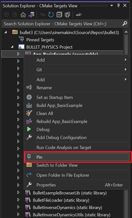 Pinning a CMake Target via the context menu