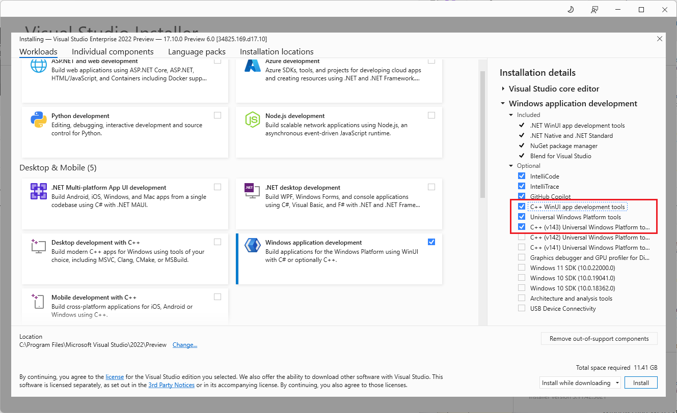 WinUI workload selection with C# and C++