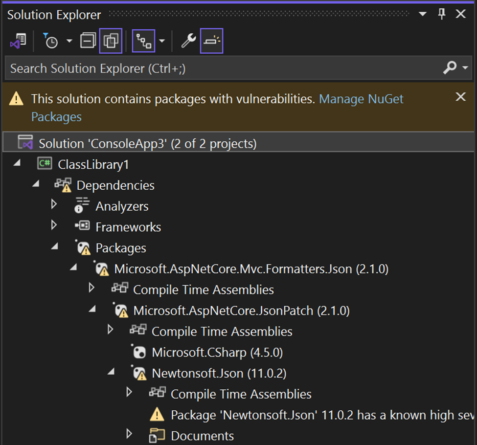 Transitive dependencies vulnerabilities in Solution Explorer