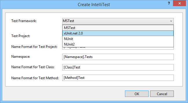 Screenshot of Select other unit test framework for IntelliTest.