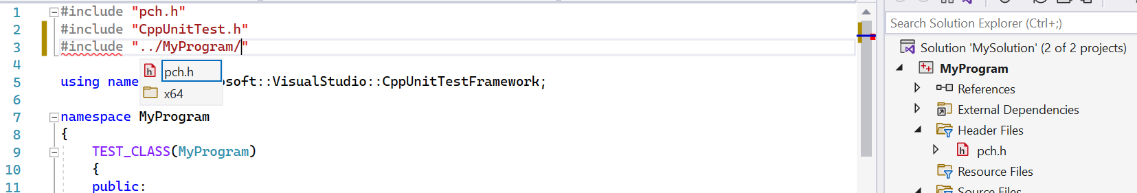 Screenshot shows Solution Explorer with an #include statement with IntelliSense highlighting a header file in Visual Studio 2022.