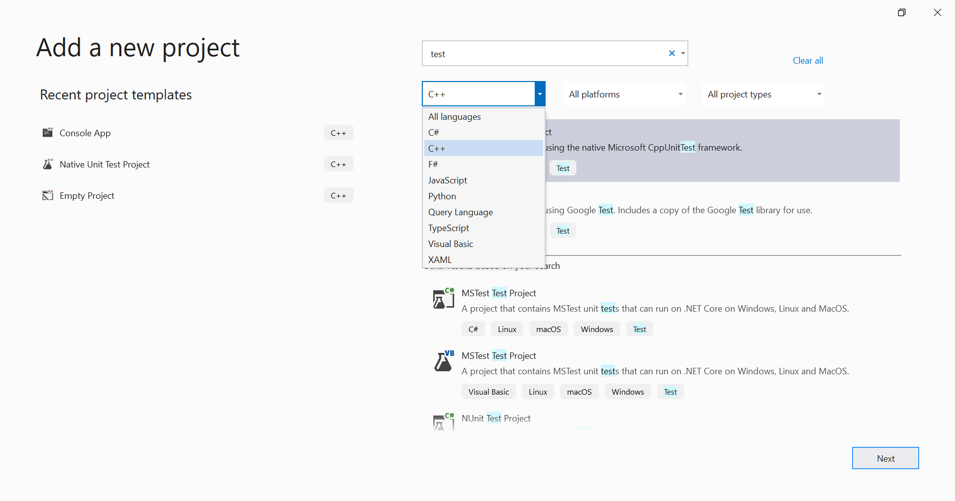 Screenshot shows the Add a new project window with C++ selected in Visual Studio 2022.