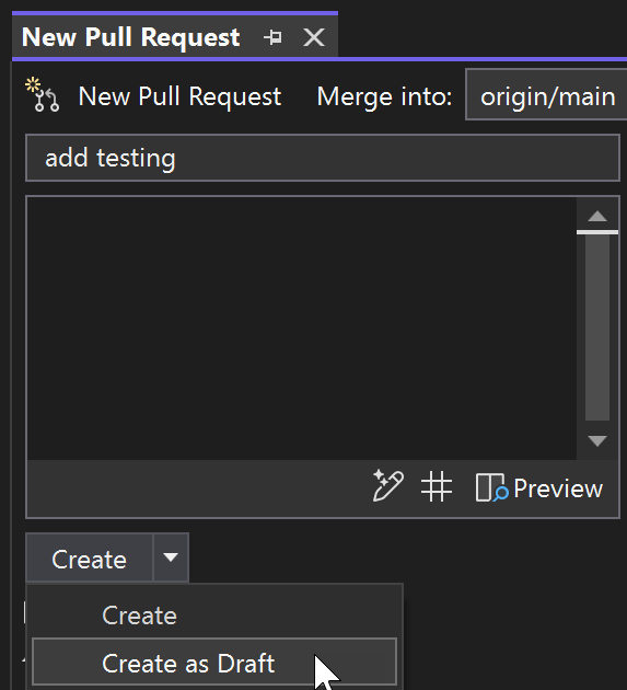 Screenshot showing the option to create a new pull request as a draft.