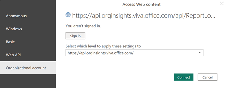 Screenshot that shows signing into to Power BI on the Organizational account tab