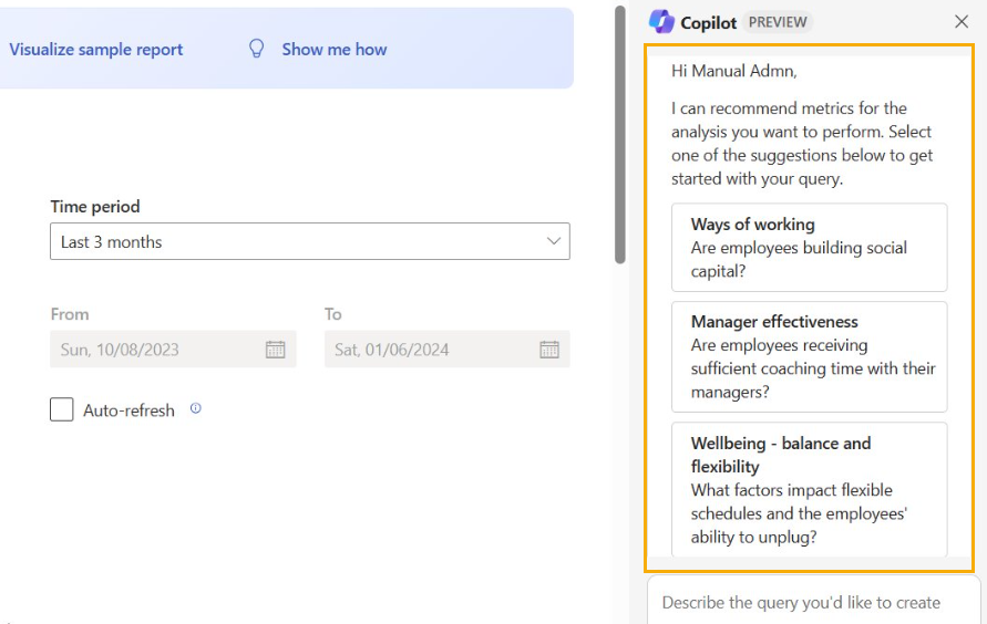 Screenshot that shows recommended questions from Copilot to set up the query
