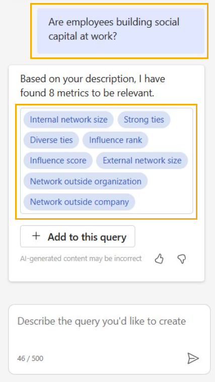 Screenshot that shows recommended metrics from Copilot to set up the query