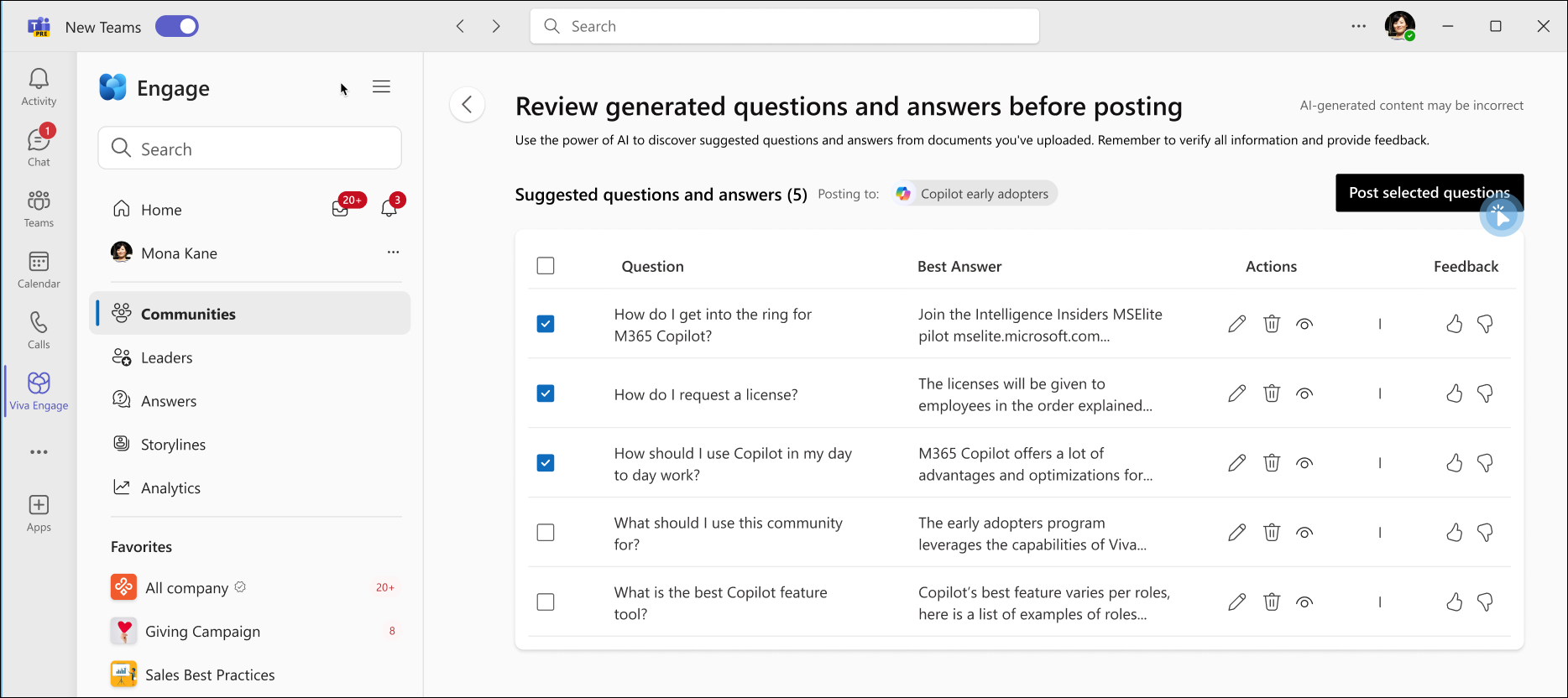 Screenshot shows how AI turns your documents into a list of questions and answers that you can edit and import.