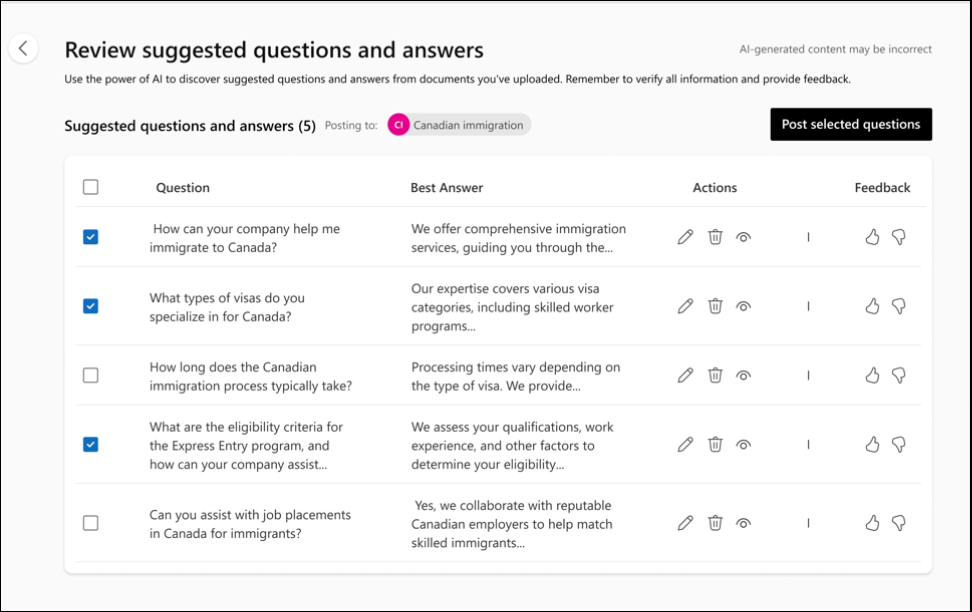 Screenshot shows the AI generated list of questions and answers that you can choose to edit and then import.