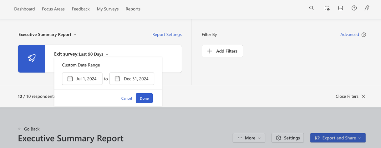 Screenshot of a custom date range applied for a lifecycle report.