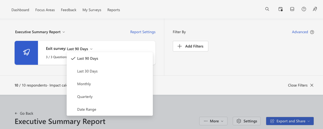 Screenshot of date filter options for lifecycle surveys.