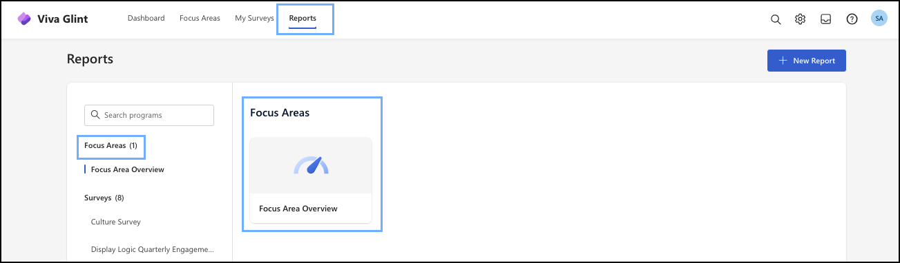 Screenshot showing the Reports tab in the admin dashboard, highlighting the Focus Area Overview option.